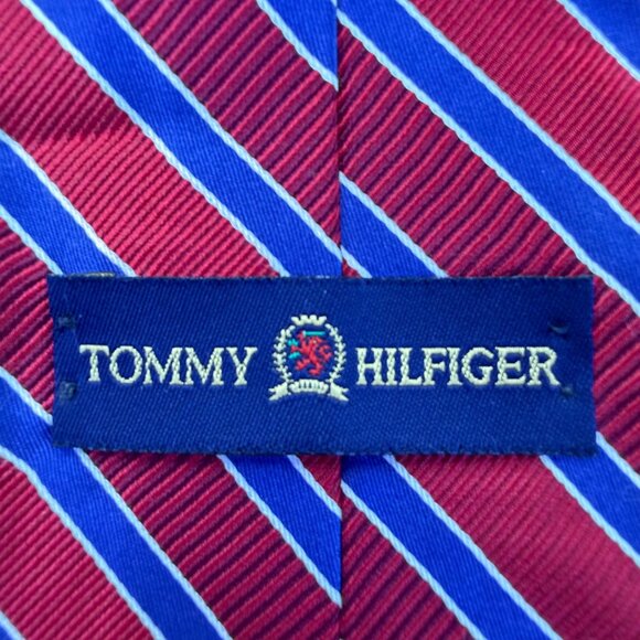 Tommy Hilfiger Mens Red & Blue 100% Silk Reversible Tie Striped & Floral Design - Picture 2 of 8